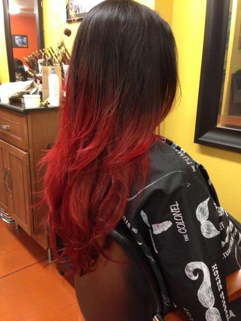 Black Hair Red Ombre, Goddess Hairstyle, Black Ombre Hair, Red Black Ombre, Red Hair Tips, Aesthetic Walls, Indian Hair Cuts, Bright Blue Hair, Black Hair Ombre