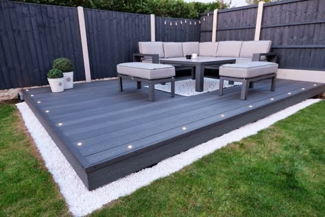 Garden Decking Ideas Layout Patio Design, Garden Decking Area, Trex Deck Over Concrete Porch, Garden Design Decking, Grey Decking Ideas Garden, Large Decking Ideas Garden, Small Composite Deck, Back Garden Decking Ideas, Decking Lights