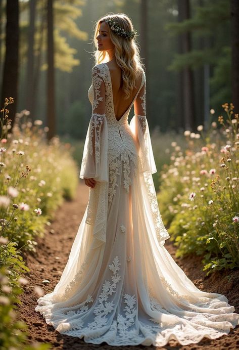 boho wedding gown Unquie Wedding Dresses, Celtic Style Wedding Dress, Wedding Dresses With Pop Of Color, Rustic Wedding Dresses Country Lace, Timeless Unique Wedding Dress, Ethereal Garden Wedding Dress, Boho Forest Wedding Dress, Hippie Wedding Dress Vintage, Fall Outdoor Wedding Dress