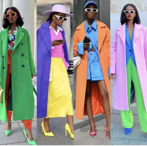 Fashion Bright Colors, Color Theme Outfits, Technicolor Outfit, Winter Outfits Bright Colors, Colorful Fashion Style, Bright Colour Outfit Aesthetic, Analogous Colours In Fashion, Colour Blocking Outfit, Colorful Color Block Winter Cardigan