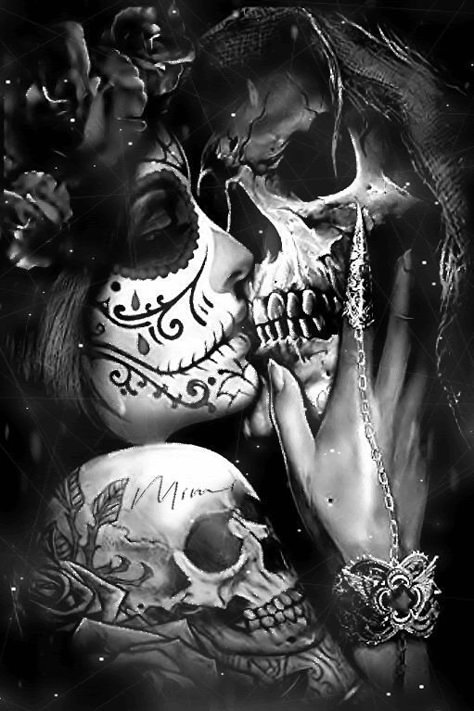 Pin on art Skull Couple Tattoo, Skull Rose Tattoos, Skull Couple, Catrina Tattoo, Skull Art Tattoo, Skull Girl Tattoo, Sugar Skull Artwork, Reaper Art, Skull Sleeve Tattoos