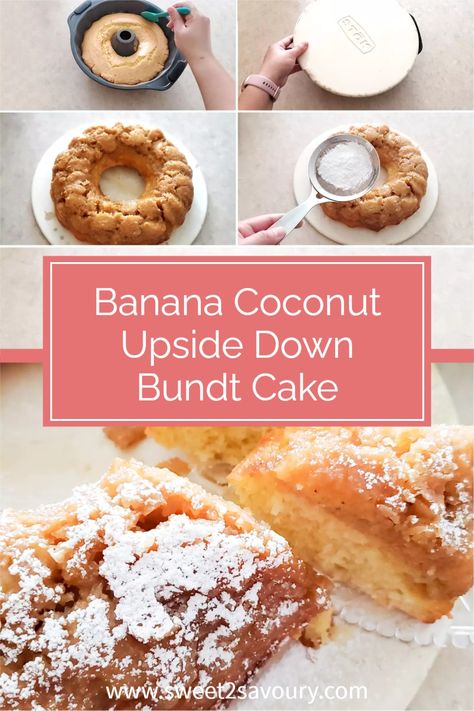 banana coconut upside down bundt cake recipe Banana Coconut Cake, Upside Down Bundt Cake, Banana Upside Down Cake, Banana Bundt Cake, Banana Bundt, Mini Bundt, Mini Bananas, Mini Bundt Cakes, Banana Coconut