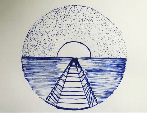 Blue Pen Drawing Easy, Ballpoint Pen Drawing Simple, Pen Drawing Simple, Blue Pen Drawing, Draw Sunset, Ballpoint Pen Drawing, Blue Pen, Drawing Simple, Art Pens