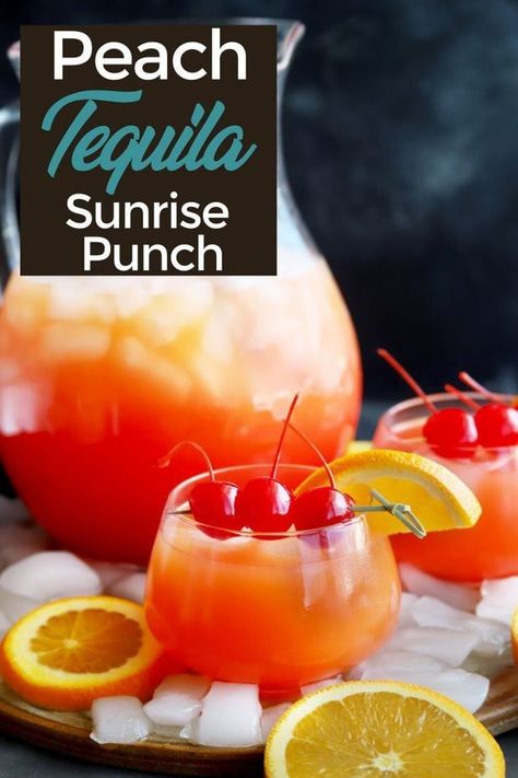 Peach Tequila Sunrise Punch is a magically colorful cocktail that will be the centerpiece of your next gathering! The juicy @stirrings peach flavor gives the classic drink a boost of sunshine, without making the cocktail itself overly sweet. It’s just the Tequila Party Punch, Color Cocktail Party, Mom Cocktails, Punch For A Party, Sunrise Punch, Tequila Punch, Punch Drink, Tequila Sunrise Cocktail, Boat Drinks