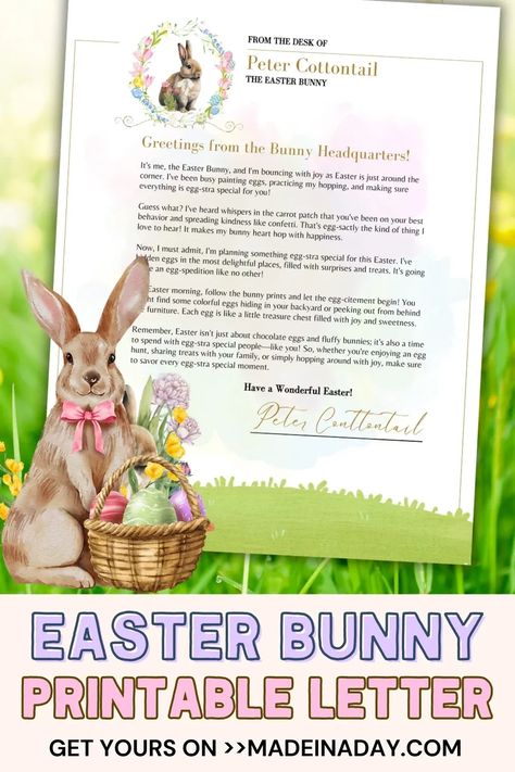 Add this enchanting Easter Bunny letter from Peter Cottontail to your kid's baskets! Download and print a delightful message to add extra fun to their holiday. easter bunny letters, easter bunny letter template, Printable easter bunny letter, easter bunny letterhead Letter From Easter Bunny, Letter Template Printable, Easter Jokes, Easter Bunny Letter, Kids Baskets, Easter Craft Decorations, Peter Cottontail, Easter Tablescapes, Easter Bunny Crafts