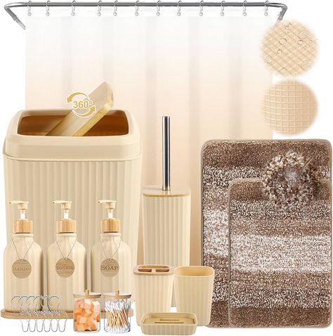 Amazon.com: Bathroom Set 17PCS Beige Bathroom Accessories Set Bathroom Sets with Trash Can 3PCS Lotion Soap Dispenser, Toothbrush Holder,6PCS Wood Tags Bathroom Accessories for Kitchen Bathroom : Home & Kitchen Lush Bathroom Decor, Brown Color Scheme Bathroom, Black And Beige Bathroom Decor, Tan Bathroom Decor, Modern Boho Bathroom Decor, Brown And Beige Bathroom, Bathroom With Gold Accents, Neutral Kids Bathroom, Bathroom Decor Brown