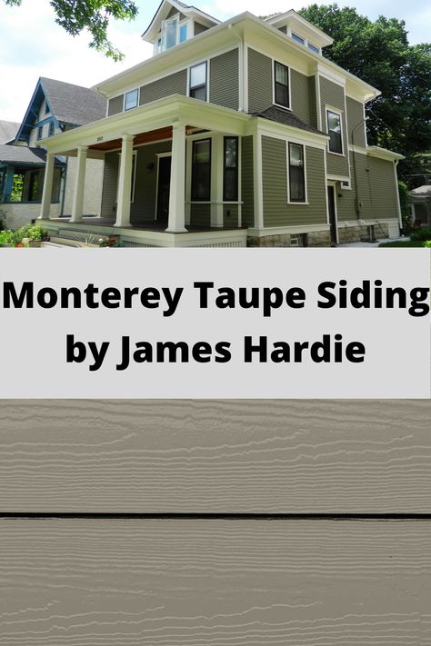 A taupe-based color with darker undertones, Monterey Taupe offers a sophisticated and striking neutral. This color works well paired with its softer cousin, Cobble Stone. James Hardie Monterey Taupe, Monterey Taupe Hardie Siding, Monterey Taupe Hardie Board, James Hardie Monterey Taupe Siding, Taupe Siding House Color Schemes, Taupe Exterior House Colors, Hardie Monterey Taupe, Taupe Siding, Shutters Outdoor