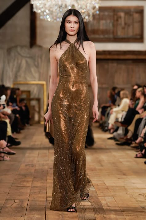 Ralph Lauren Returns to New York Fashion Week With Liquid Gold Gowns for Spring 2024 | Fashionista Gold Gowns, Sui He, Ralph Laurent, Gold Gown, Fashion Gowns, Christy Turlington, Flirty Dresses, Milan Fashion Weeks, Maxi Dress Cocktail