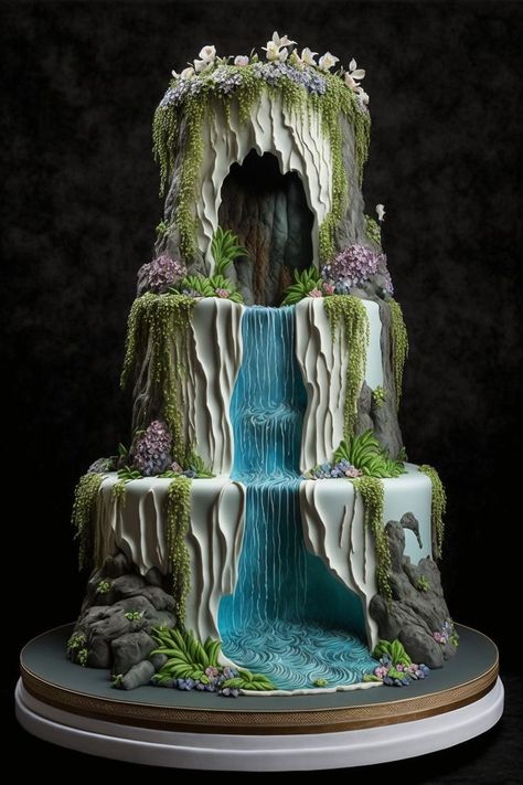 A three tiered cake decorated with a waterfall descending from a cave on the top tier. Enchanted Forest Cake, Novelty Wedding Cakes, Waterfall Cave, Waterfall Cake, Three Tiered Cake, Cave Wedding, Vintage Birthday Cakes, Three Tier Cake, Fantasy Cake