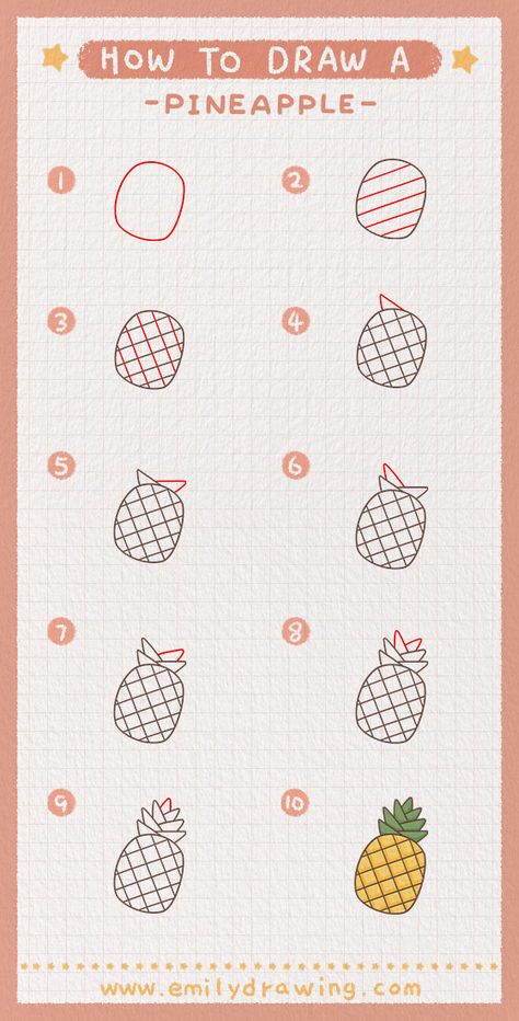 Setp by Step tutorial on how to draw a pineapple. FREE download the Printable drawing guide and coloring page,Click to Get! #drawing #howtodrawapineapple #pineapple #learntodraw #howtodraw How To Draw A Pineapple Step By Step, Pineapple Cute Drawing, How To Draw A Pineapple, Easy Pineapple Drawing, Pineapple Drawing Simple, Doodle Pineapple, Draw Pineapple, Draw A Pineapple, Pineapple Doodle