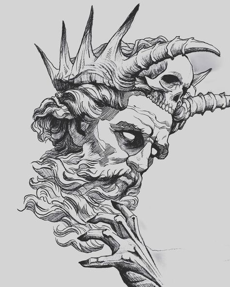 God Face Tattoo, Mythology Tattoo Ideas, Greek Mythology Tattoo Ideas, Hades Drawing, Greek Drawing, Hades Tattoo, Hades Greek Mythology, Greek God Tattoo, Poseidon Tattoo