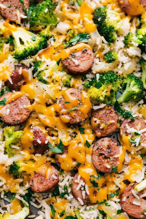 Cheesy Chicken Broccoli and Rice (ONE Pan!) | Chelsea's Messy Apron Smoked Sausage And Broccoli, Chicken Sausage And Broccoli, Sweet Potato Burrito, Sausage And Broccoli, Broccoli And Rice, Chicken Broccoli Rice, Chelsea's Messy Apron, Cheesy Chicken Broccoli, Chicken Sweet Potato