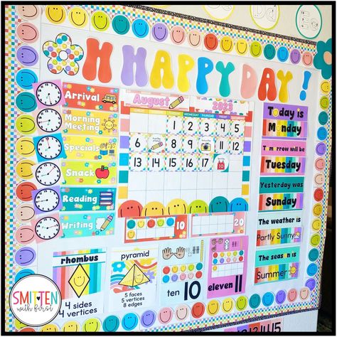 Groovy Retro Classroom Decor Theme Happy Face Classroom Theme, Elementary Classroom Decor Colorful, Groovy Retro Classroom, Bulletin Board Kindergarten, Locker Name Tags, Preschool Decorations, Math Corner, Classroom Stations, Retro Classroom Decor