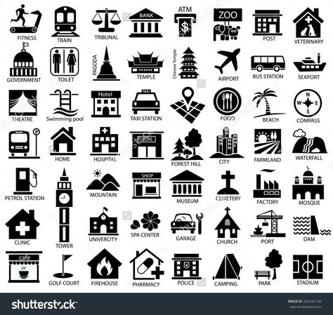 Map symbols Legend Symbol, Building Symbol, Architecture Symbols, Urban Icon, City Maps Design, Map Symbols, Architecture Mapping, Architecture Icons, Fantasy World Map