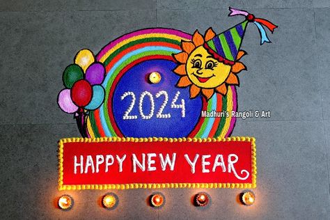 Happy New Year Rangoli, New Year Rangoli, Big Rangoli, Rangoli Art, Indian Rangoli, Big Rangoli Designs, Beaded Necklace Designs, Rangoli Designs, Necklace Designs