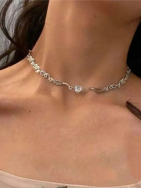 Silver Color Irregular Choker Necklace | Hekka Ali D'angelo, Butterfly Cutout, Trendy Scarves, Angel Wings Heart, Y2k Fairycore, Festival Birthday, Angel Print, Sparkle Jewelry, Silver Heart Necklace