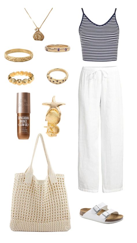 #summer #summeroutfit #beach #beachaesthetic #beachday #beachfit #beachoutfit #shells #gold #white #blue #birkenstocks #tanktop #linen #linenpants #goldjewelry #necklace #rings #soldejaneiro #bronzingdrops White Birkenstock Outfit, Blue Birkenstocks, White Birkenstock, White Birkenstocks, Transitional Outfits, Birkenstock Outfit, Linen Pants Outfit, Summer 2024 Fashion, Summer Outfits 2024