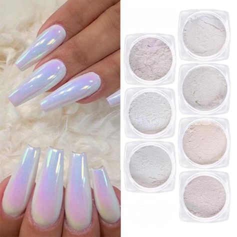 PRICES MAY VARY. Package:1 g/box * 7 jars Chrome Powder with different effect and 2pcs Eyeshadow Sticks Good Quality :The Multi Chrome Nails Powder made of top-quality material, pearl nail powder easy to apply. With appropriate application, you can get your charming chrome powder for nails at home Easy to Use: No special nail art skill is required, just follow up the instruction, and it will be quite easy and get perfect. Unicorn chrome nail powder Required Equipment:UV/LED lamp, UV gel polish a Nails At Home Easy, Holographic Nail Designs, Unicorn Chrome, Holographic Nail Powder, White Chrome Nails, Pearl Nail, Chrome Nails Designs, Chrome Nail Powder, Special Nails