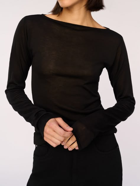 The Long Sleeve Boat Neck is a fitted, semi-sheer knit top with a bateau neckline and a slim sleeve. This piece handcrafted by skilled knitwear artisans in Rome with meticulous craftsmanship and ethically sourced, sustainable wool blend yarns. Bateau Neckline Top, Long Black Shirt, Realistic Outfits, Night Fits, Boat Neck Top, Sheer Knit, 2024 Style, Boat Neck Tops, Bateau Neckline