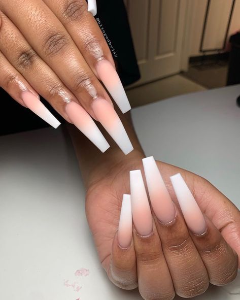 Pink And White Ombre Nails Coffin Long, Matte Ombré Nails, Long Ombre Acrylic Nails, Ombre Long Nails, White Ombre Nails Coffin, Ombre Nails Long, Long Ombre Nails, Trap Nails, Coolest Nails