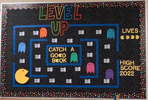 Level Up Bulletin Board, Level Up Bulletin Board Ideas, Reading Bulletin Boards Elementary, Cafeteria Decorations, Library Video, Employee Appreciation Board, Up Bulletin Board, Elementary Games, Reading Week