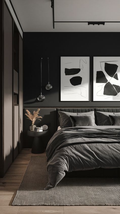 Discover the latest home decor trends and elegant solutions to refresh your space. Find chic ideas and luxe accents for a stylish and modern update. #HomeInspiration #TrendyDecor #LuxeInteriors Cozy Black Bedroom, Modern Black Bedroom Design, Stylish Small Bedroom, Decorating With Black, Modern Black Bedroom, Black Bedroom Ideas, Black Bedroom Design, Black Bedroom Decor, Stunning Aesthetic