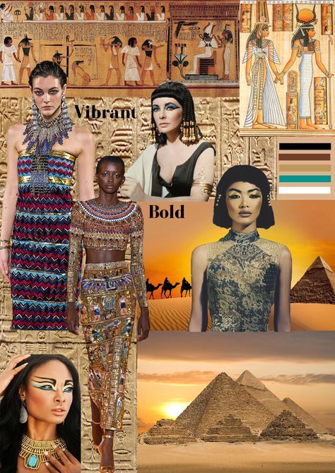 The idea behind the mood board is to create an Egyptian aesthetic by using a combination of traditional colours such as gold and black as well as using neon colours such as blue. In addition, the aim of the mood board is to create an ancient Egypt aesthetic with a modern twist applied. Ancient Egypt Inspired Fashion, Ancient Egypt Mood Board, Egypt Culture Aesthetic, Gold Egypt Aesthetic, History Mood Board, Ancient Egypt Aesthetic Fashion, Egyptian Culture Aesthetic, Egypt Mood Board, Egyptian Mood Board