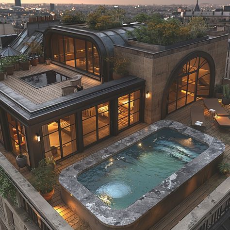 Dive into the opulent ambiance of this Boutique Hotel Residence in the heart of Paris. Featuring Art Deco elegance, a rooftop infinity pool, and urban roof garden, this 6,000 sq ft space offers six luxurious bedrooms. Share your thoughts on this urban oasis in the City of Light. Join the conversation and follow for more luxurious lifestyle inspiration! 🌆🇫🇷 #ArtDecoLuxury #ParisianParadise #BoutiqueHotelResidence #dreamhomeinspiration #luxuryliving #luxurydesign Luxury Penthouse Exterior, Rooftop Bedroom, Penthouse Architecture, Penthouse Exterior, Paris Penthouse, Luxury Rooftop, Rooftop House, Penthouse Roof, Roof Pool