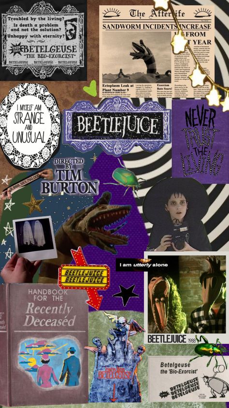 Beetle juice mood board #beetlejuice #halloween #october #fall #movie #vintage #wallpaper #art #timburton #mood #moodboard #aesthetic Fall Movie, Beetlejuice Halloween, Beetle Juice, Moodboard Aesthetic, Wallpaper Art, Beetlejuice, Vintage Wallpaper, Mood Board, Juice