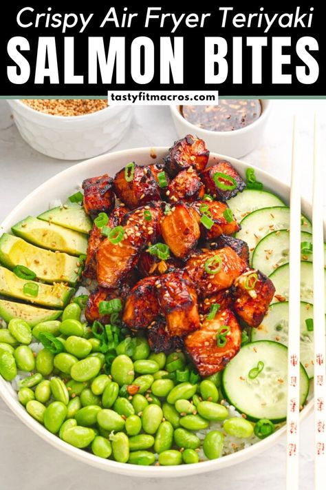 OMG! Just tried these air fryer teriyaki salmon bites and it’s so delicious! Crispy on the outside, moist and flaky inside, and ready in less than 10 minutes. So easy, perfect for meal prep, and healthy too. They've become my go-to for busy lunches and hectic weeknights. Absolutely obsessed! Teriyaki Salmon Bites, Macros Recipes, Salmon Bites Recipe, Salmon Bites, Weekly Dinner, Protein Packed Meals, Teriyaki Salmon, Homemade Teriyaki Sauce, Easy Air Fryer