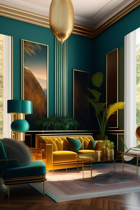 Emerald Green Interior Design, Art Deco Interior Design, Dream Apartment Decor, Home Decor Ideas Living Room, Decor Wallpaper, Ideas Living Room, Green Rooms, Home Decor Paintings, Interior Deco