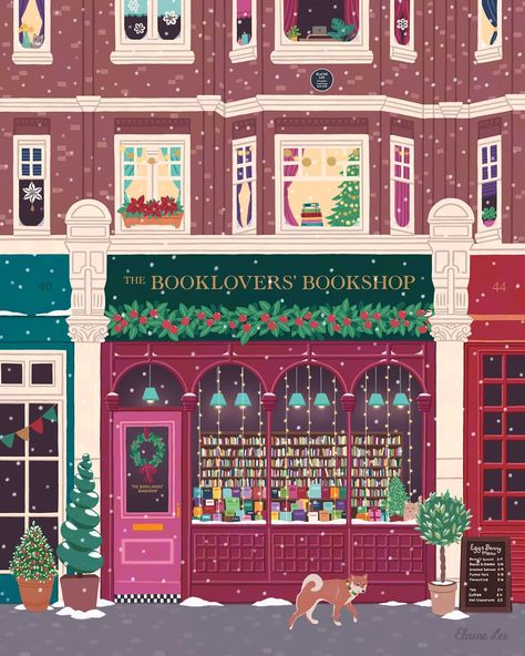 A detailed illustration of a bookshop in London during the Christmas holiday season. Christmas Poster Illustration, Bookstore Christmas, City Christmas, Christmas Bookstore Aesthetic, Christmas Bookstore, December Illustration, Christmas Market Painting, Christmas Shopping Aesthetic, New York Christmas Illustration