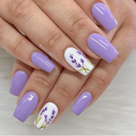 I Want… Lavender Nails Bridal Nails Wedding Lavender, Short Nail Designs Sunflower, Lilac Design Nails, Lilac Nails Art, Lavender Nails With Design Flowers, Lavender Colored Nails, Lavender Flower Nail Designs, Purple Nail With Flower, Lavender Plant Nail Art