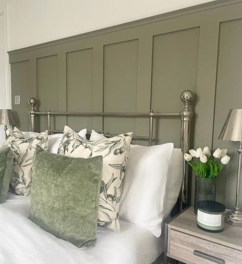 Architect & I on Instagram: "Olive print cushions? Straight in my basket! Loving these new additions to our bed 🌿🤍" Olive Bedroom, Olive Green Bedrooms, Sage Bedroom, Olive Print, Panels Design, Sage Green Bedroom, Bedroom Cushions, Guest Bedroom Decor, Bedroom Renovation