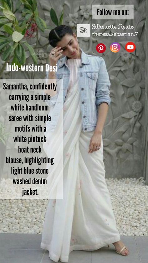 Samantha in saree Indo Western Saree Look, Western Saree Look, Saree With Jeans, Western Saree, Indo Western Saree, Indo Western Outfits, Nauvari Saree, Boat Neck Blouse, Jeans Jacket