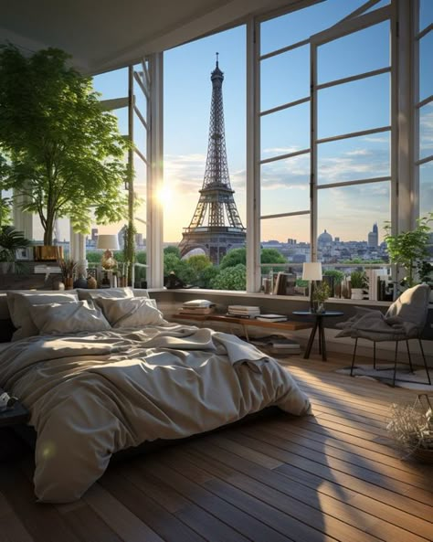 Apartment Aesthetic Paris, Penthouse Bedroom Ideas, Bedroom With City View, Airbnb Aesthetic, Old Money Interior Design, Cozy Penthouse, Old Money Interior, Penthouse Bedroom, Bedroom Scene