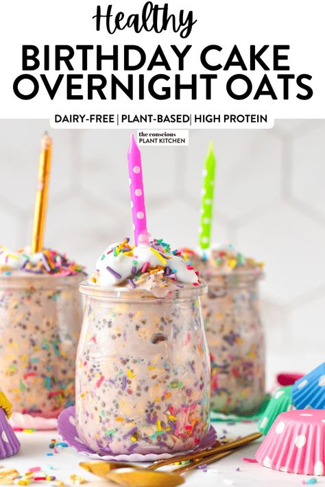 This Birthday Overnight Oats is the perfect healthy birthday breakfast packed with proteins, fiber, and lovely confetti sprinkles to bring happiness on your special day. Birthday Overnight Oats, Healthy Birthday Breakfast, Birthday Cake Overnight Oats, Overnight Oats Vegan, Cake Overnight Oats, Healthy Birthday Cakes, Boba Tea Recipe, Best Overnight Oats Recipe, Healthy Birthday