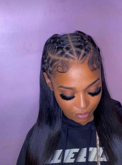 Half Up Half Down Hair Criss Cross, Half Twists Half Sew In Weave, Rubber Band Hairstyles With Sew In, 4 Braids With Weave In The Back, Criss Cross Sew In Hairstyle, Cute Extended Ponytails, Criss Cross Hairstyle Rubber Bands Straight Hair, Blond Quick Weave Black Women, Half Criss Cross Half Sew In