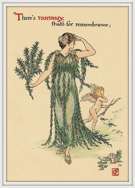 1906  Flowers from Shakespeare's Garden - There's rosemary, that's for remembrance....,a posy from the plays, pictured by Walter Crane - Illustration for book Adara Sanchez, Flower Children, Walter Crane, Art Appliqué, Paper Moon, Wood Engraving, Vintage Illustration, Fertility, Find Art