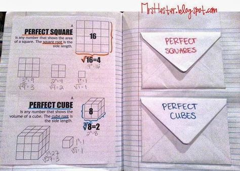 Perfect Squares and Perfect Cubes - with flash cards to study! Teaching Exponents, Notebook Printables, Algebra Interactive Notebooks, Real Number System, Math Foldables, Interactive Student Notebooks, Teaching Algebra, Math 8, Irrational Numbers