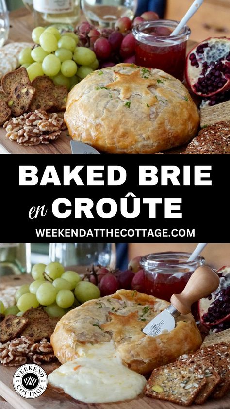 Baked Brie en Croûte - gooey cheese in puff pastry! Baked Brie In Puffed Pastry, Stuffed Baked Brie In Puff Pastry, Brea Cheese Puff Pastry, Brie Cheese Recipes Puff Pastries, Baked Brie In Puff Pastry Christmas, Puffed Pastry Brie, Bake Brie In Puff Pastry, Brea Cheese, Brie En Croute Recipe