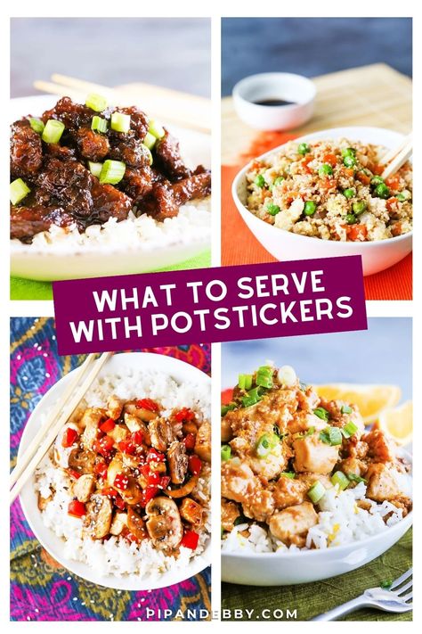 Pinterest collage of 4 photos with text overlay what to serve with potstickers. Potsticker Meal Dinners, Meal With Potstickers, Sides For Potstickers, Potstickers And Sides, Potstickers Meal Ideas, Potstickers And Rice, Pot Stickers Meal Ideas, Meals With Potstickers, Pot Sticker Meal Ideas