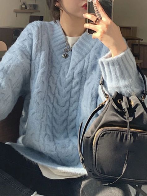 Color: Milk blue, Size: S Thick Twist, Cardigan Casual, Sweater Fits, Dress Shoes Womens, Knitting Women Sweater, Loose Sweater, Sweater Women, Solid Tops, Outfit Casual