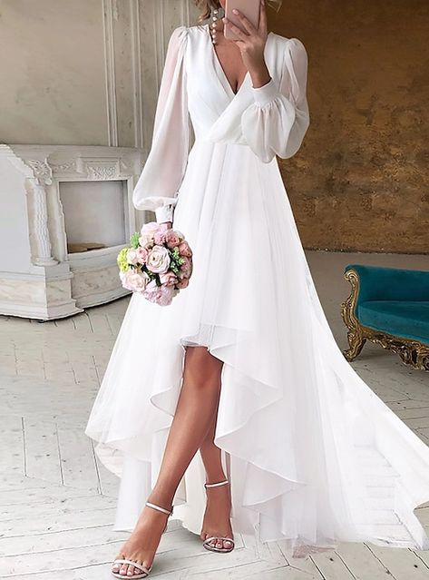 Casual Wedding Dress Summer, Vow Renewal Dress 30th Anniversary, Short Flowy Wedding Dress, Wedding Dresses For Older Brides Over 50, 2nd Wedding Dress Over 40 Not White, 2nd Wedding Dress Over 40, Hi Low Wedding Dress, White Maternity Dress, Asymmetrical Wedding Dress