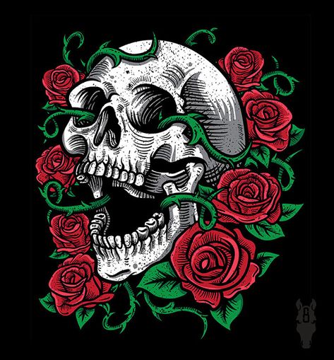 Skull and Roses on Behance Skull And Roses, A Skull, Tattoo Design, I Hope, Roses, Black, Design