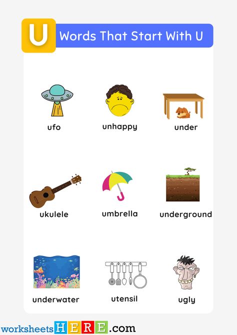 Words That Start With U List and Pictures For Kids Printable PDF Worksheet - WorksheetsHere.com U Words For Kids, Alphabet U, Words List, Worksheet For Kids, Letter U, Word List, Civil Wedding, Worksheets For Kids, Printables Kids