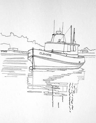 watercolor line drawing, painting a boat Watercolor Boats Paintings, Drawing Boats Ideas, Boat Reference Drawing, How To Draw Boats, Shrimp Boat Drawing, Watercolor Boat Painting Easy, Tugboat Drawing, How To Draw A Boat, Fishing Boat Drawing