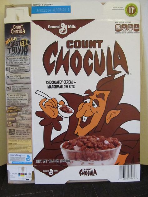 Count Chocula Cereal. (Re-release package, vintage style box, 2013) Count Chocula Cereal, Marshmallow Bits, Count Chocula, Marshmallow Cereal, Cereal Packaging, Food Hunter, Cereal Killer, General Mills, Yummy Mummy