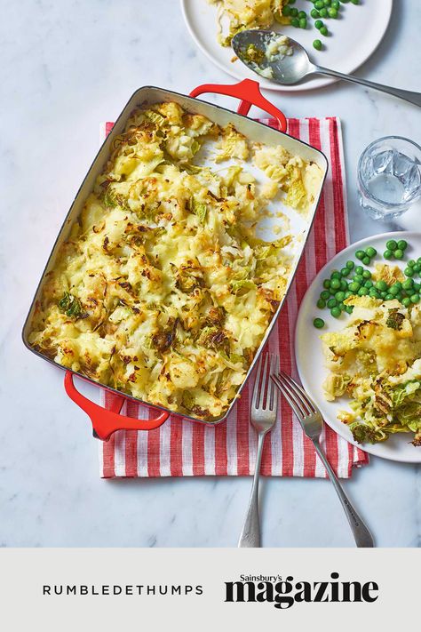 As with many traditional recipes, regional variations on a similar theme abound in this mash-based dish. While England lays claim to bubble and squeak, Ireland to colcannon and the Orkneys to clapshot, rumbledethumps hails from the Scottish borders. Its key components are mashed potato and cabbage (leftovers are commonly used), often with onions added, sometimes bacon, and frequently baked with a blanket of cheese on top. Get the Sainsbury's Magazine recipe. Cabbage Potato Recipes, Rumbledethumps Recipe, Scottish Rumbledethumps, Roasties Recipe, Blue Cheese Potato Salad, Potato And Cabbage, Magazine Recipe, Sainsburys Recipes, British Cooking