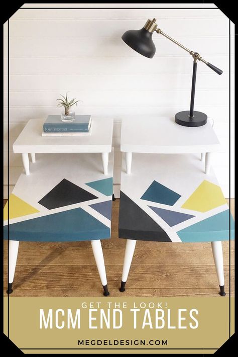 These two-tier mid-century modern end tables got a total makeover with some painters tape, annie sloan chalk paint and wax to create a geometric statement! #megdeldesign #paintedfurniture #mcmfurniture #paintedendtables #anniesloanchalkpaint Repurposed Pallets, Popular Furniture, Furniture Refurbishing, Mid Century Modern End Table, Painted End Tables, End Table Makeover, Side Table Makeover, Deco Living, Mcm Furniture